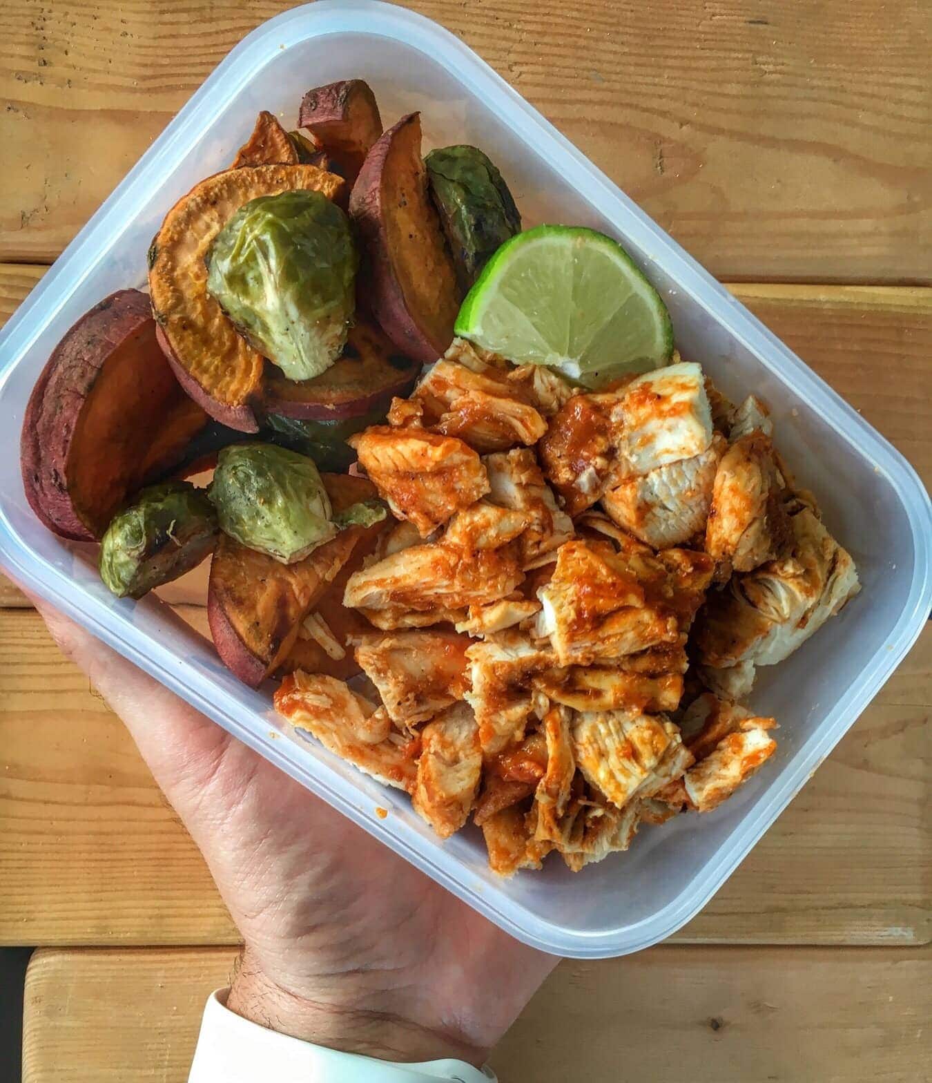 bbq chicken meal prep with brussels sprouts and sweet potato