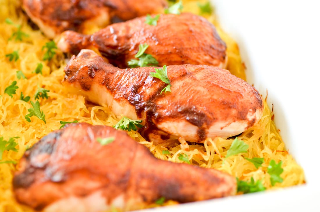 One Dish Spaghetti Squash & Spicy BBQ Chicken Drumsticks
