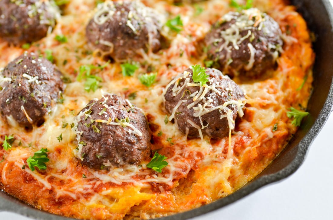 One Skillet Spaghetti Squash and Meatballs