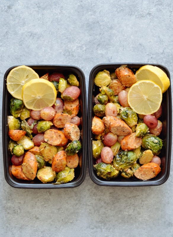 One Pan Roasted Brussels Sprouts, Grapes & Sausage Meal Prep