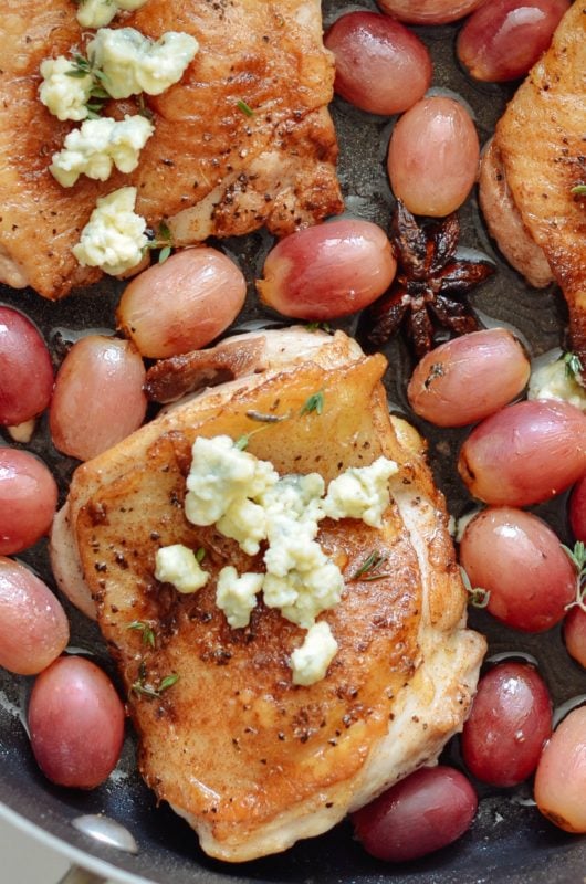 One Skillet Chicken Thighs With Roasted Grapes & Blue Cheese