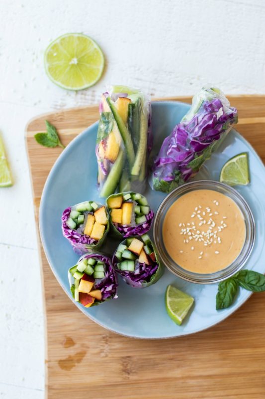 Peach Summer Rolls With Tahini Dipping Sauce 