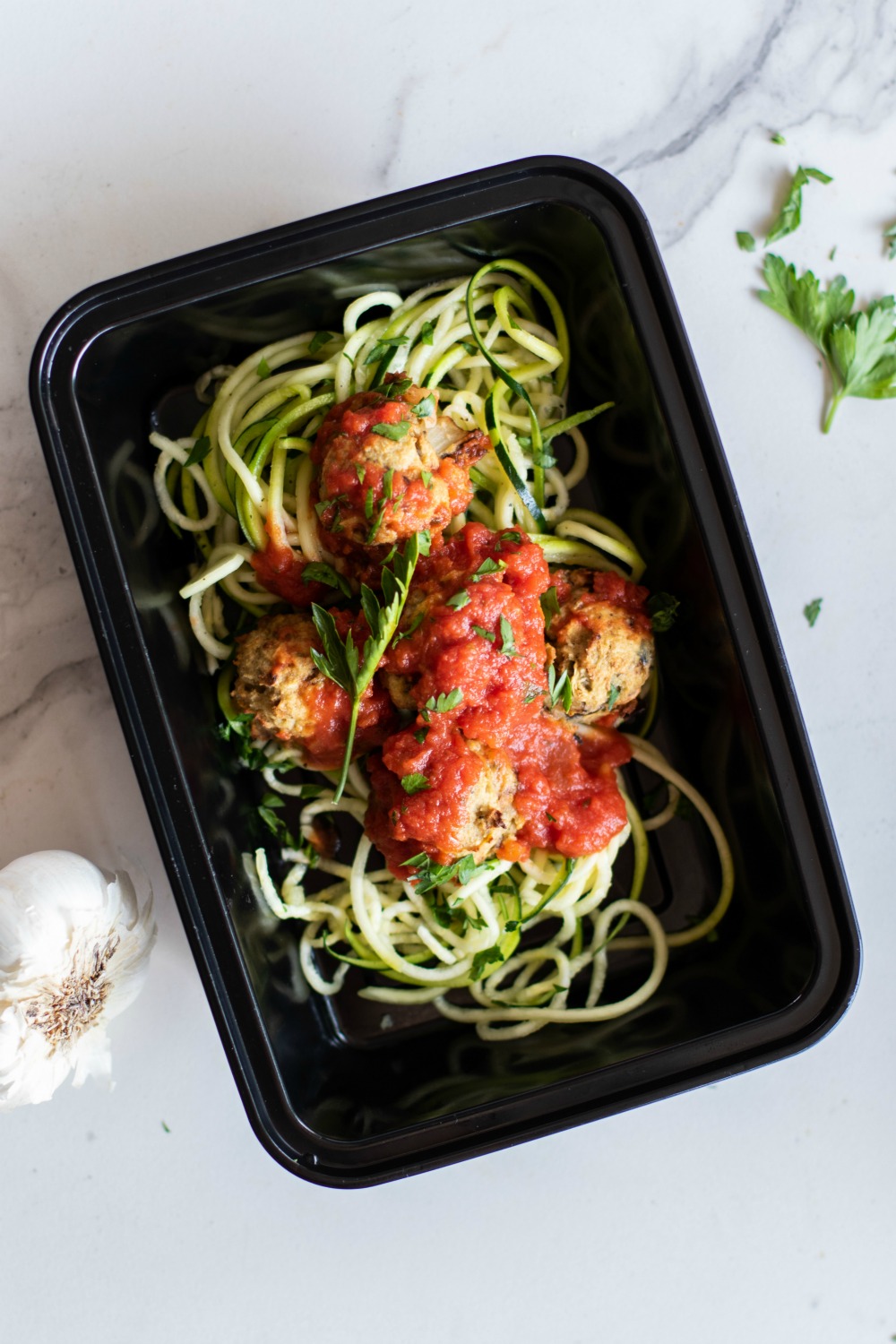 eggplant meatball and zoodle meal prep