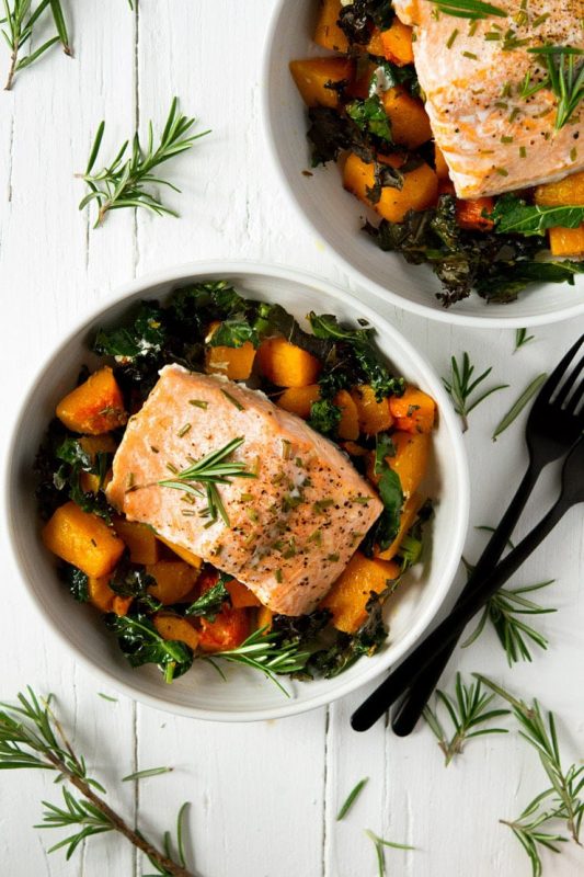 Easy Baked Salmon with Roasted Butternut Squash and Kale