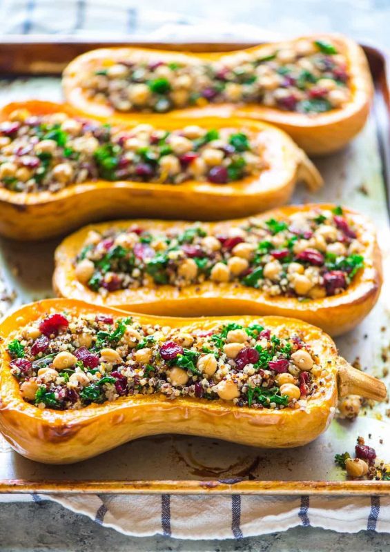 Quinoa Stuffed Butternut Squash with Cranberries and Kale