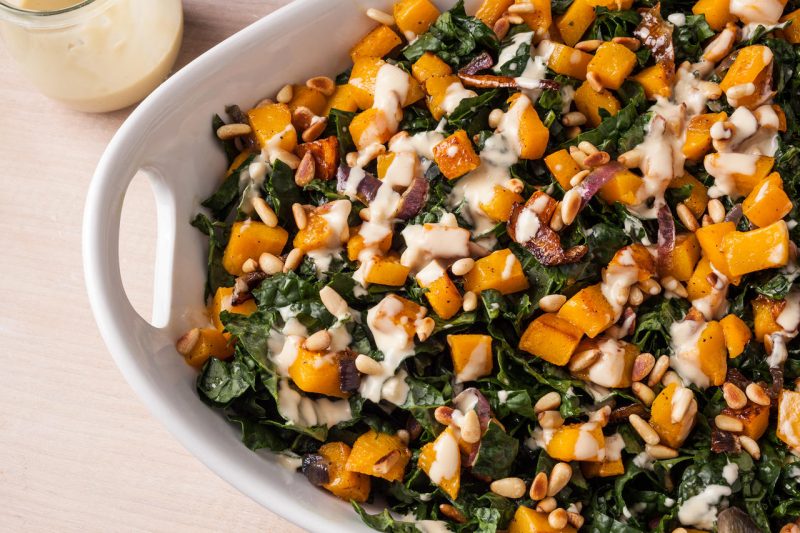 Roasted Butternut Squash and Kale Salad with Tahini Dressing