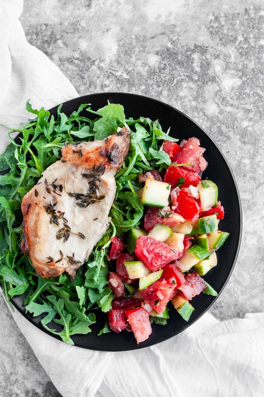 Sheet Pan Thyme Pork Chops and Marinated Salad