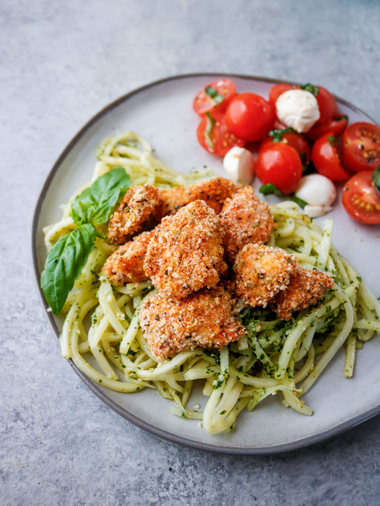 Pesto Noodles With Crispy Chicken Bites Recipe