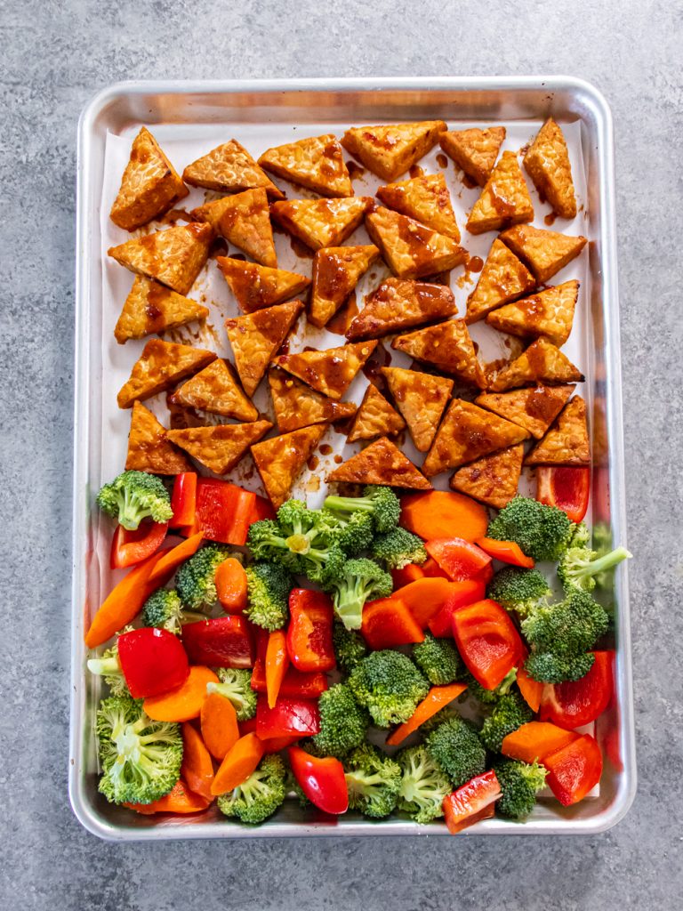 Sheet Pan Spicy Peanut Tempeh and Sesame Vegetables Recipe
