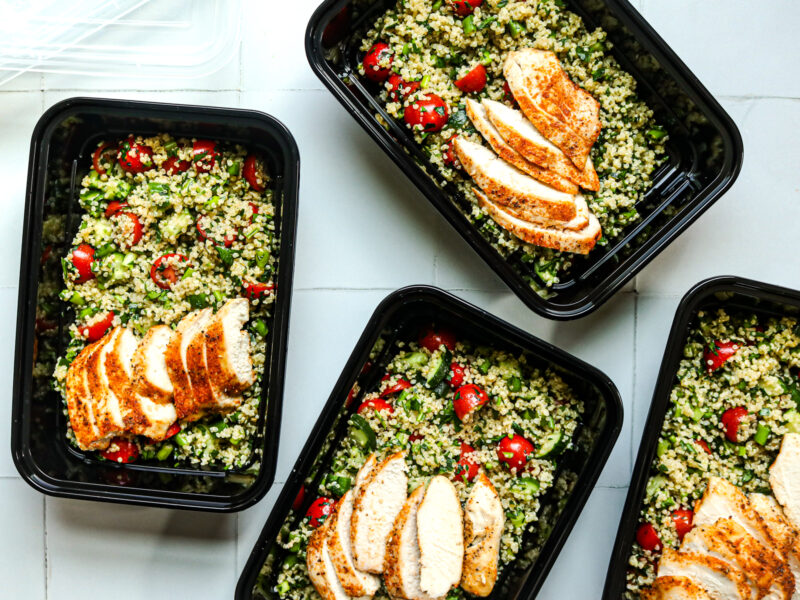 Chicken Quinoa Tabbouleh Bowls in meal prep containers