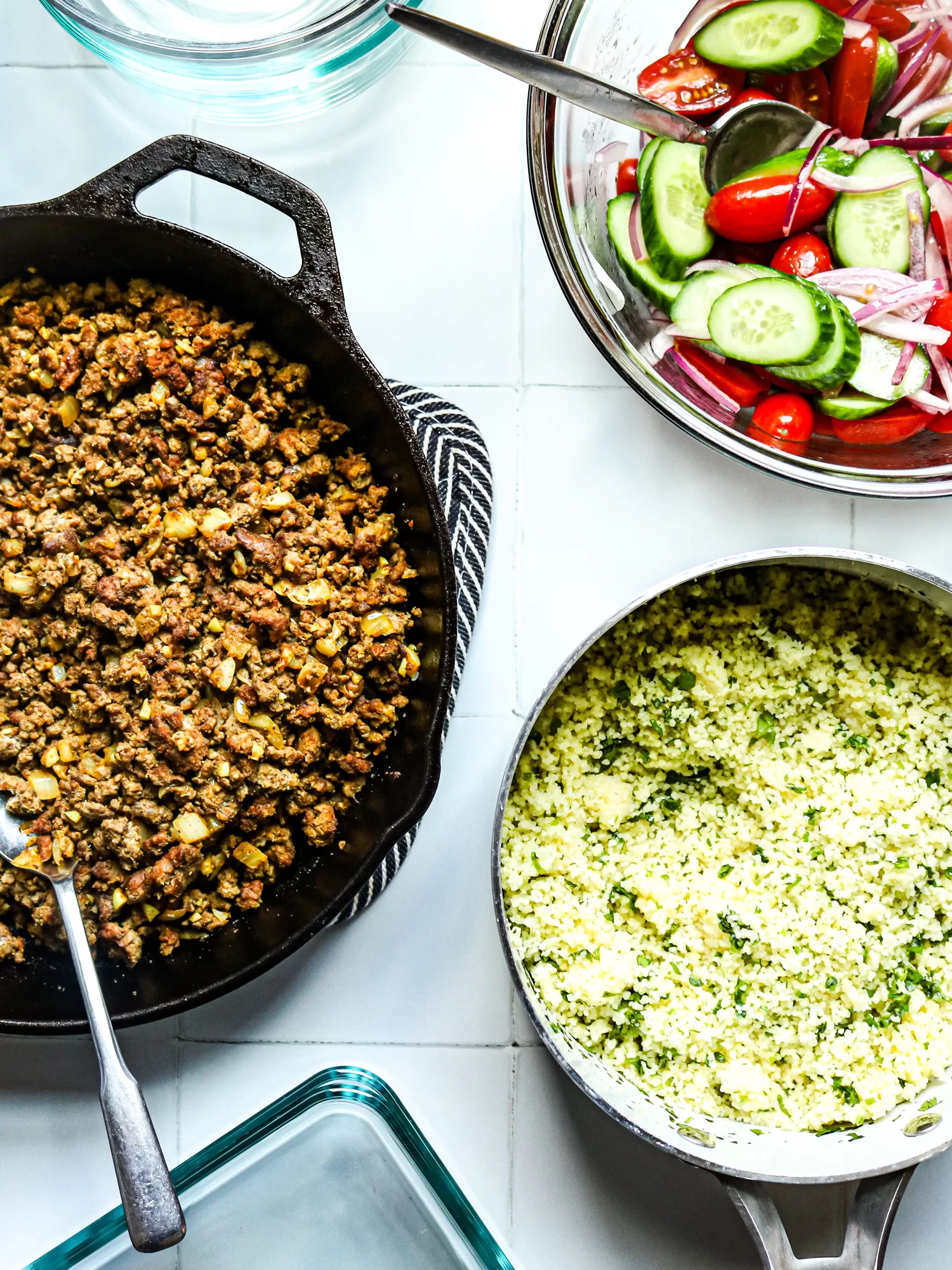 Shawarma Spiced Beef and Couscous in a cast iron pan