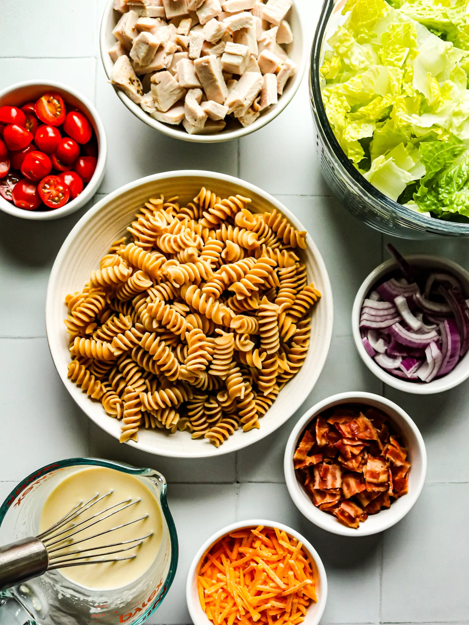 Turkey club pasta salad jars assembly